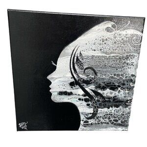 Abstract Woman Silouette Acrylic on Canvas Painting Signed LAM